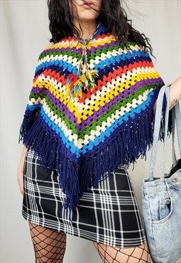 Vintage 70s colorful Grandma crochet poncho cape