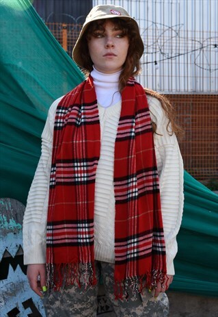UNISEX VINTAGE RED TARTAN CHECK WOOL SCARF