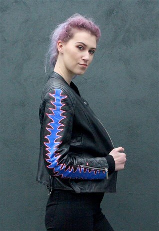 HAND PAINTED BLUE FLAME FAUX LEATHER JACKET