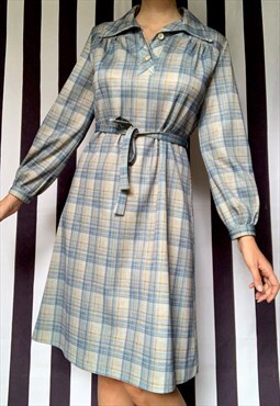 Vintage 70s plaid midi shirt belted dress, UK12/14 Large