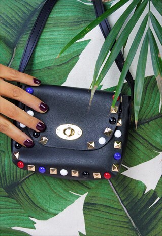 BLACK MULTI COLOUR STUDDED MINI CROSS BODY BAG