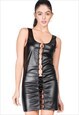 Black Leather Vest Ring Detail Sleeveless Party Short Dress