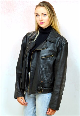 1980S JET BLACK REAL LEATHER BIKER JACKET