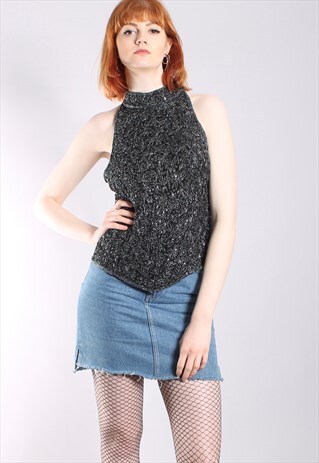 VINTAGE 90S DARK SILVER SILK BEADED HIGH NECK TOP
