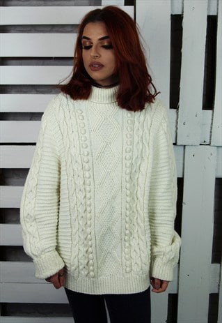 CHUNKY ROLL NECK BOBBLE KNIT ARAN JUMPER