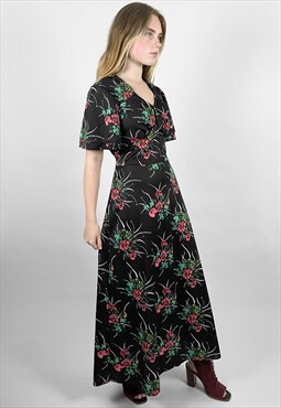 70's Vintage Ladies Dress Black Floral Fluted Sleeve Maxi