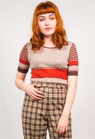 VINTAGE 70'S RED & BROWN STRIPED RIBBED KNIT TOP