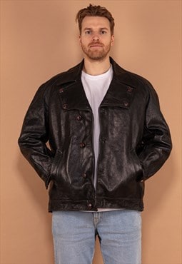 Vintage 80's Men Biker Leather Sheepskin Jacket in Black