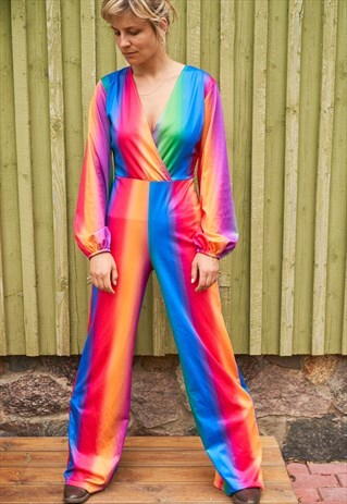90'S VINTAGE RAINBOW MULTI COLOR JUMPSUIT WIDE LEG