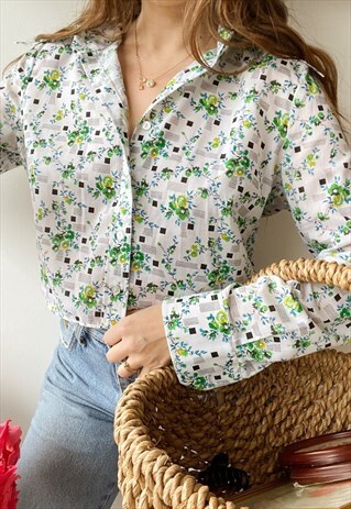 VINTAGE 70S BOHEME FLORAL MOD REWORKED CROP TOP BLOUSE SHIRT