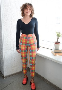 Vintage Multicolour Checked Stretchy High Waisted Jeans