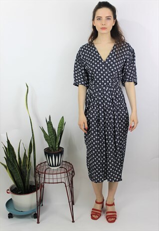 VINTAGE 1980S NAVY & WHITE PRINTED MIDI DRESS