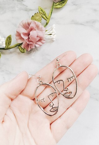 SILVER ABSTRACT PORTRAIT FACE ART DECO EARRINGS