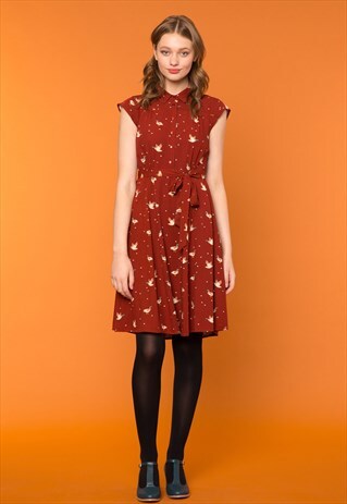 RED FLYING DUCKS PRINT DRESS