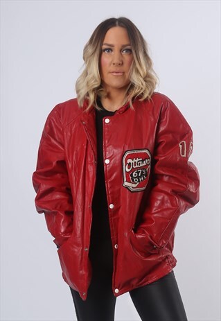 LEATHER BOMBER JACKET ICE HOCKEY BOYFRIEND OVERSIZED (CK3C)