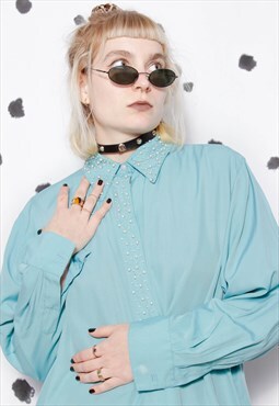 80s vintage 90s grunge pale blue turquoise beaded blouse