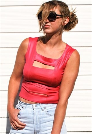 VINTAGE 90S PINK WET LOOK CUT OUT TOP