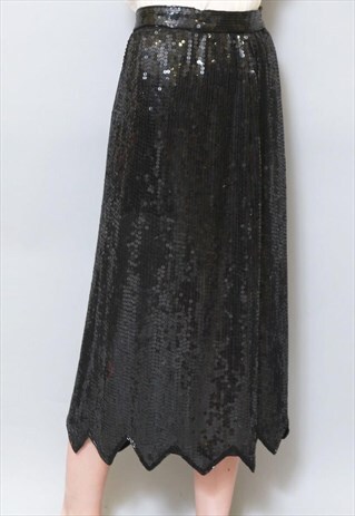 VINTAGE 1980'S BLACK SEQUIN SCALLOPED HEM MIDI SKIRT