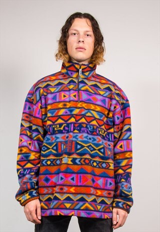 90'S VINTAGE BRIGHT MULTICOLOUR AZTEC PATTERN FLEECE JACKET