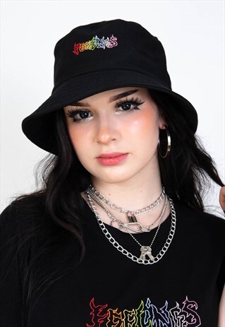 FEELINGS RAINBOW EMBROIDERED BUCKET HAT Y2K 2000S 00S