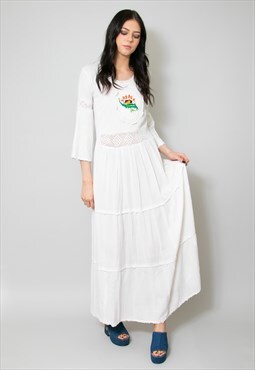 70's Vintage White Cheesecloth Cotton Maxi Dress