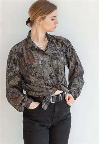 VINTAGE 70S FUNKY BOHO SHIRT IN DARK PATTERN