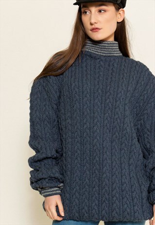 VINTAGE 80'S NAVY HIGH NECK KNIT JUMPER
