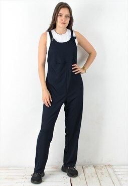 Women's XL Black Stretchy Overall Jumpsuit Dungaree Wide Leg
