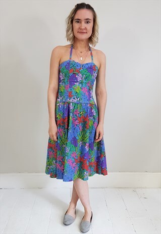 VINTAGE 80'S HALTER BODICE CORSET BRIGHT FLOWER PRINT DRESS