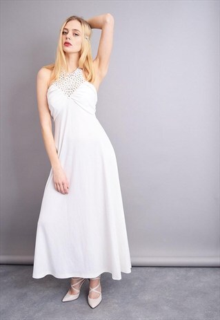 STUNNING 70'S MOD BOHO PURE WHITE FULL LENGTH PARTY DRESS