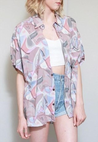 VINTAGE 1990'S MAUVE & GREY ABSTRACT PRINT SHIRT