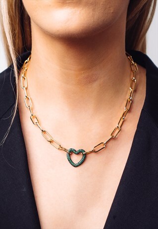 GOLD PLATED HARDWARE CHAIN NECKLACE WITH GREEN HEART PENDANT