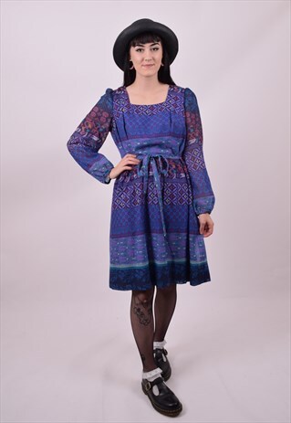 VINTAGE 70'S PURPLE AZTEC CRAZY PRINT DRESS SIZE 12 TO 14