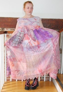 Patchwork Lace Whimsy Goth Grunge dress Tie Dye Pink L-XL