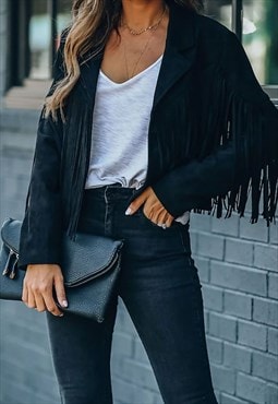 justyouroutfit Camel Suede Fringe Cropped Jacket