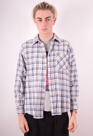 MENS VINTAGE FLANNEL SHIRT LARGE BLUE CHECK 90S
