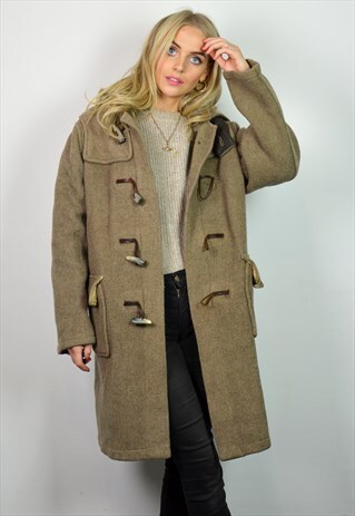 VINTAGE 70S LIGHT GREY / BROWN LONG OVERSIZE DUFFLE COAT