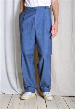 Vintage 70s Blue Linen Blend Pleated Mens Pants