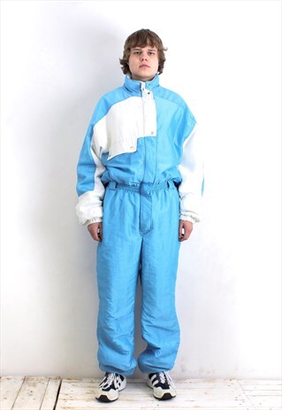 80S SKI SUIT SNOWSUIT OVERALLS JUMPSUIT BLUE SNOW ONE PIECE