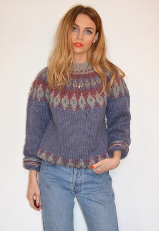 VINTAGE 70S PASTEL BLUE PATTERN KNITTED JUMPER
