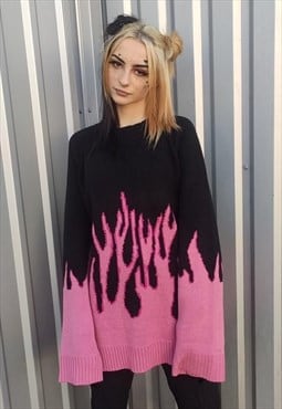 Flame knitwear sweater loose fit fire jumper in bright pink