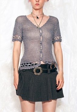 Vintage Y2K Cardigan Top in Grey Crocheted Lace