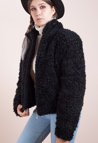 VINTAGE 80'S BLACK SHAGGY FAUX FUR JACKET