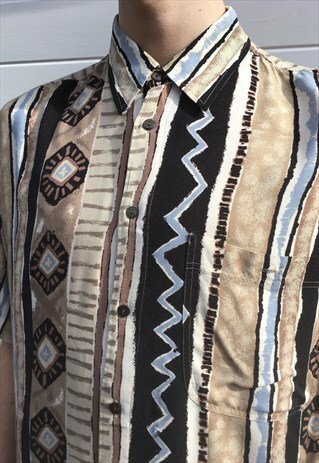 MENS VINTAGE 80S SHIRT SHORT SLEEVE BOHO AZTEC FESTIVAL TOP