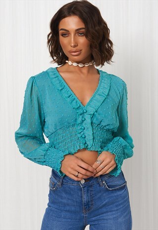 JADE GREEN DOBBY LONG SLEEVE CROP TOP