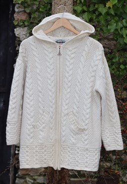 Zip Close Hooded Beige Aran Knit Irish Made Cardigan