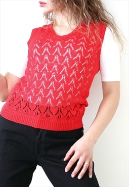 Open Knit Vintage Vest Top Red See Through Boho Festival 