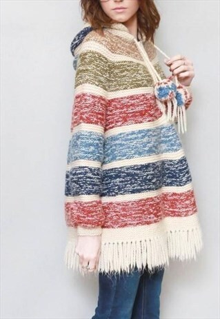 VINTAGE 1970'S STRIPED MIXED KNIT TASSELED WOOL COAT