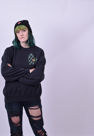 VINTAGE 90'S BLACK USA TARTAN HEART PATCH SWEATER X LARGE