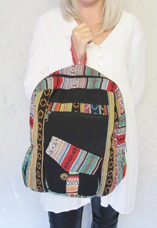 BOHO HIPPY FESTIVAL AZTEC PRINT BLACK BACKPACK